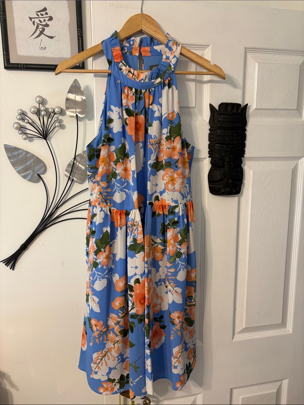 Vince Camuto Blue Floral Halter Midi Dress with Orange and White Blooms
